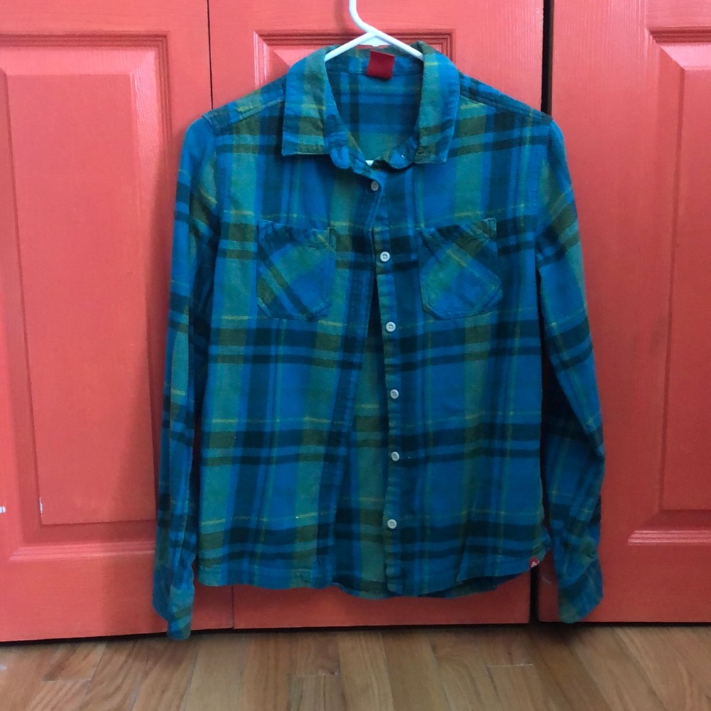 Womens flannel from Eastern Mountain Sports, blues and greens, size medium
